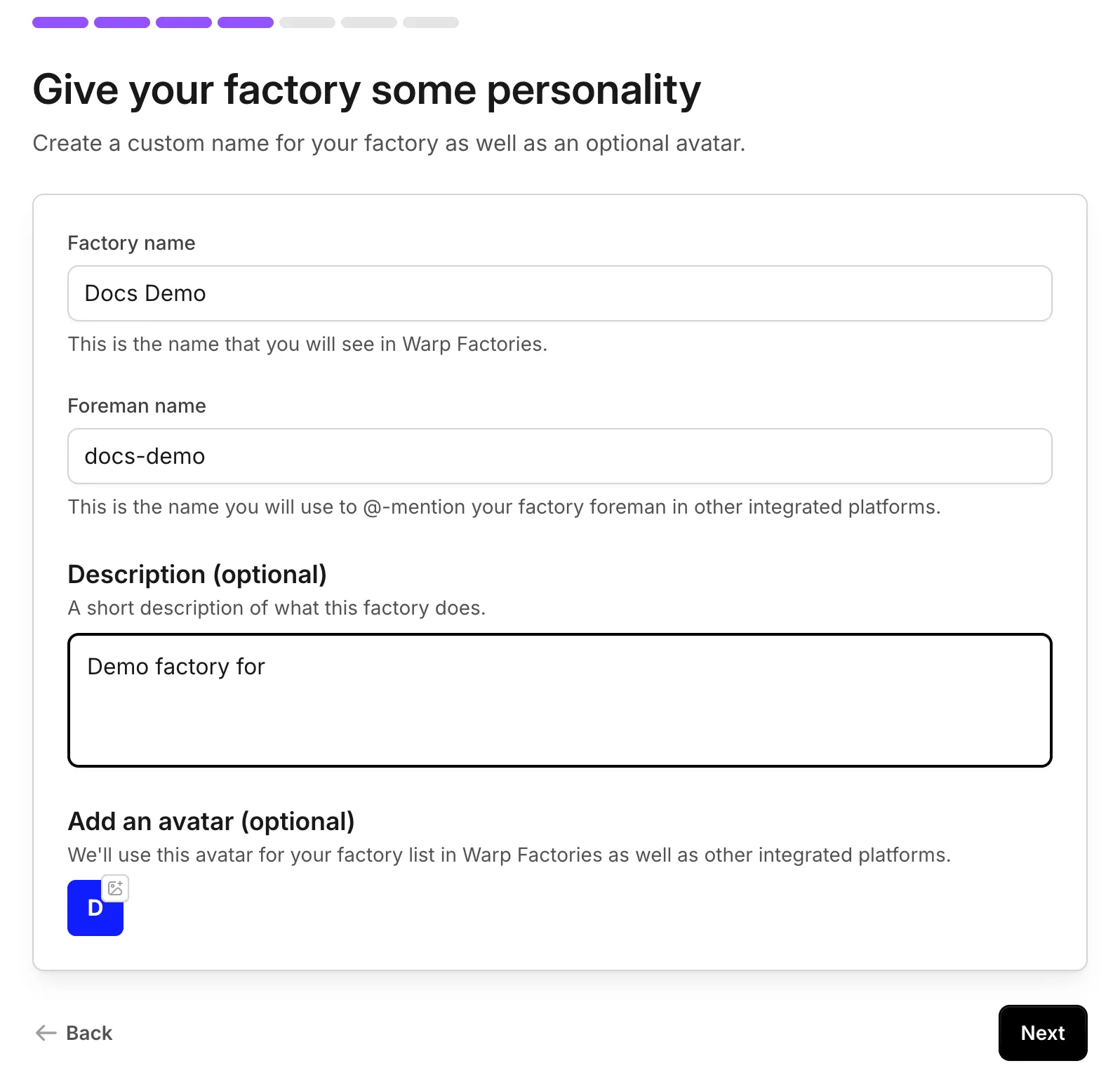 The Give your factory some personality screen, with Factory name and Foreman name fields filled in.